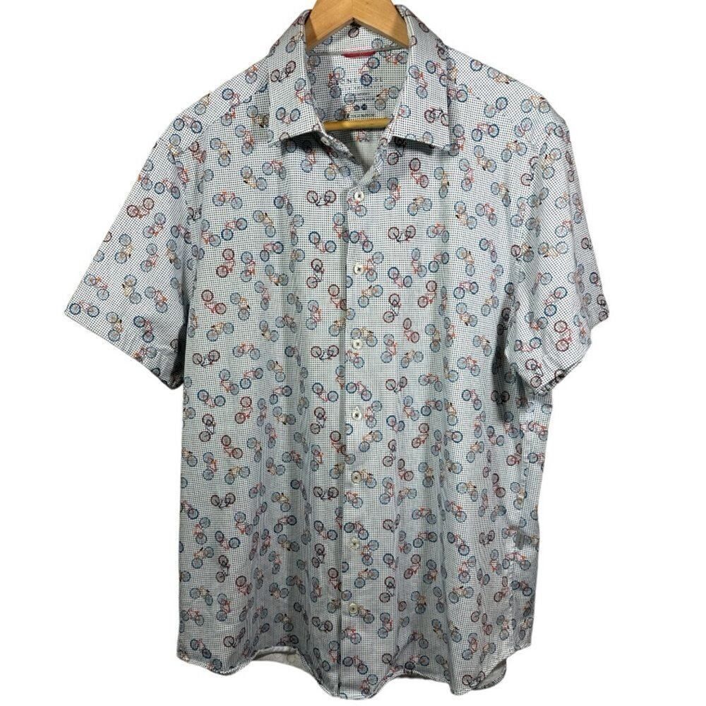 STONE ROSE Men’s Bicycle Print Short Sleeve Button Down Shirt White Size 2XL